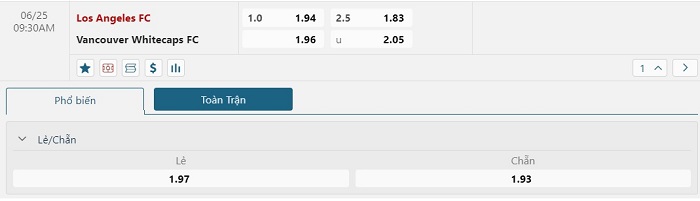 Bảng tỷ lệ kèo Los Angeles FC vs Vancouver Whitecaps diễn ra lúc 09h30 ngày 25/06/2023 Nhà nghề Mỹ