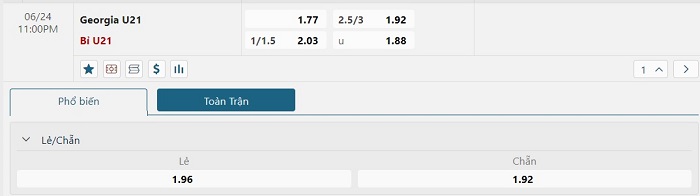 Bảng tỷ lệ kèo U21 Georgia vs U21 Bỉ diễn ra lúc 23h00 ngày 24/06/2023 U21 Châu Âu