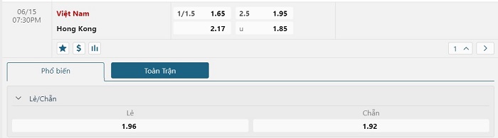 Bảng tỷ lệ kèo Việt Nam vs Hong Kong diễn ra lúc 19h30 ngày 15/06/2023 Giao hữu quốc tế