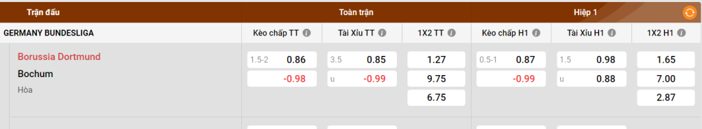 Bảng kèo Dortmund vs Bochum